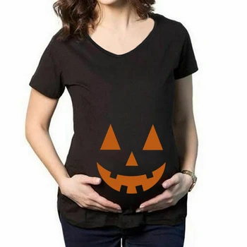 2020 Halloween Ropa de Maternidad de Verano V-cuello de Manga Corta de Calabaza de Impresión camisetas en Blanco/Negro Mujeres Embarazadas Camisetas