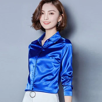 2019 Seda de la Blusa de Satén Botón de las Mujeres de Solapa de Manga Larga Camisas de las Señoras de Trabajo de la Oficina Elegante Mujer Tops de Alta Calidad Blusas 3XL