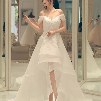 Los nuevos Elegantes Vestidos de Novia con Apliques de Glamour de Alta y Baja Blanco/Marfil Una Línea de Princesa Vestido Formal de la Moda Vestido de Novia