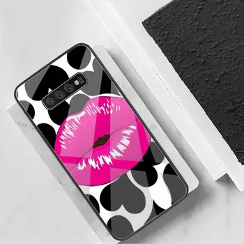YJZFDYRM Mujeres Sexy labios Cubierta Negra de Cáscara Suave de la caja del Teléfono de Vidrio Templado Para Samsung S7 S8 S9 S10 Plus Nota 8 9 10 Plus