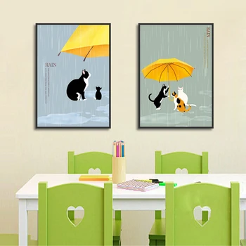 El Cuidado De Los Animales Cartel Pobres Gatos Tengo Un Paraguas Amarillo Después De La Lluvia 2 Piezas Set De Pintura En Tela, Para La Sala De Estar Decoración Para El Hogar