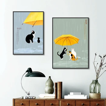 El Cuidado De Los Animales Cartel Pobres Gatos Tengo Un Paraguas Amarillo Después De La Lluvia 2 Piezas Set De Pintura En Tela, Para La Sala De Estar Decoración Para El Hogar