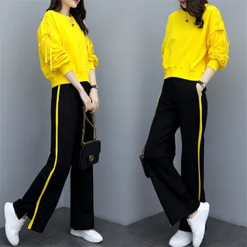 Color sólido Set de Dos piezas de 2019 primavera Nueva Moda de las Mujeres Chándales 2 Colores de Gasa Jersey + Pantalones de Pierna Ancha de Dos piezas S-XXL
