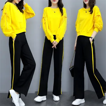 Color sólido Set de Dos piezas de 2019 primavera Nueva Moda de las Mujeres Chándales 2 Colores de Gasa Jersey + Pantalones de Pierna Ancha de Dos piezas S-XXL