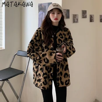 MATAKAWA Mujer Chaqueta de Invierno 2020 Otoño coreano de manga Larga Floja de la Impresión del Leopardo de la Imitación de Cordero Abrigo de Lana de las Mujeres