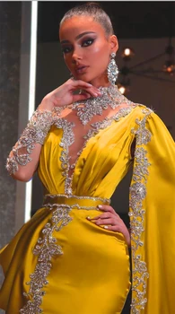 Eightale De Oro Vestidos De Noche De Cuello Alto Con Cuentas De Diamantes De Imitación De La Sirena Vestido De Gala Cabo De Largas Mangas De Raso Árabe De Dubai Vestidos De Fiesta