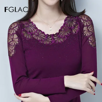 FGLAC las Mujeres blusa de Moda Casual de manga larga de Malla tops Elegante Slim Hueco de encaje camisa de Mujer en tallas de la primavera de camisa