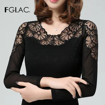 FGLAC las Mujeres blusa de Moda Casual de manga larga de Malla tops Elegante Slim Hueco de encaje camisa de Mujer en tallas de la primavera de camisa
