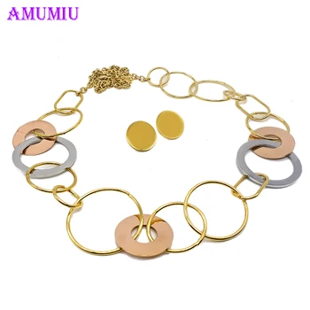 AMUMIU de Lujo deslumbrante colorido de Novia círculo conjuntos de joyas para las mujeres gargantilla de oro de color de collar y aretes conjunto JS231