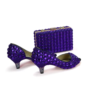 Zapatos de la boda de 2 Pulgadas Bajo el Talón de las Mujeres del Partido de Baile Zapatos Peep toe de color Púrpura de diamante de imitación Zapatos de Baile de Cenicienta con la Coincidencia de la Bolsa de