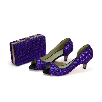 Zapatos de la boda de 2 Pulgadas Bajo el Talón de las Mujeres del Partido de Baile Zapatos Peep toe de color Púrpura de diamante de imitación Zapatos de Baile de Cenicienta con la Coincidencia de la Bolsa de