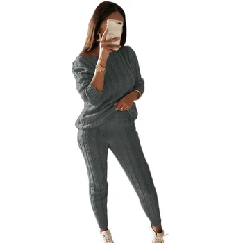 M-4XL Moda Sólido de las Mujeres del Conjunto de la temporada Otoño-Invierno Set de Dos piezas Traje de punto Suéter Pantalones Pantalones de las Mujeres de Punto Ropa Streetwear