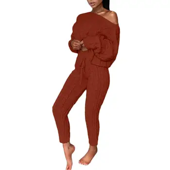 M-4XL Moda Sólido de las Mujeres del Conjunto de la temporada Otoño-Invierno Set de Dos piezas Traje de punto Suéter Pantalones Pantalones de las Mujeres de Punto Ropa Streetwear