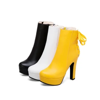 Nueva 2019 de la Moda de las Mujeres de Tobillo Botas de Tacón Alto de la Plataforma de Botas de Moda con cordones Blanco Negro Zapatos de las Señoras de 569