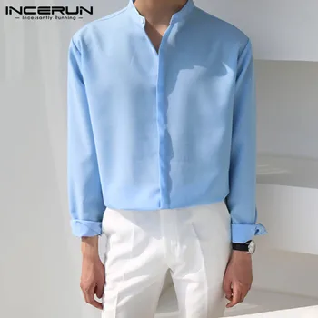 INCERUN 2021 de la Moda de los Hombres Camisa Casual Ropa de Manga Larga de Cuello de Pie Botón de la Blusa coreano de Color Sólido Mens de la Marca Camisetas de 5XL