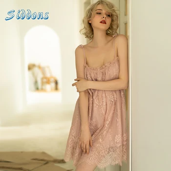SIDDONS Sexy Camisón de Mujer ropa de dormir Mini Carillo Pijama de Señora Correa de Espagueti Vestido de Verano de color Rosa de Encaje de los Hombros Fuera de Sleepdress