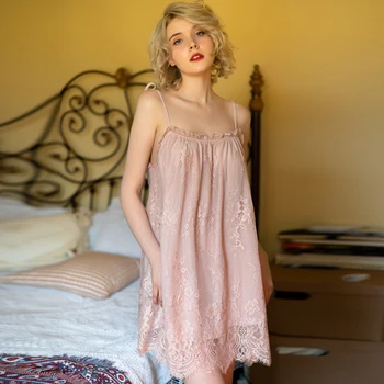 SIDDONS Sexy Camisón de Mujer ropa de dormir Mini Carillo Pijama de Señora Correa de Espagueti Vestido de Verano de color Rosa de Encaje de los Hombros Fuera de Sleepdress