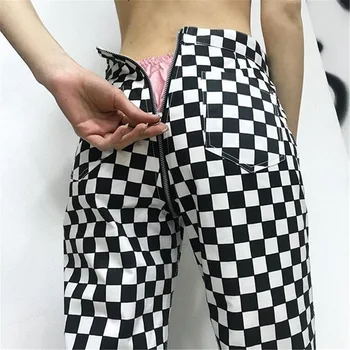 Nuevo de la Moda de 2020 las Mujeres Pantalones de Nuevo Delantero y Trasero cierre de Cremallera en Blanco y Negro en tablero de Cuadros Casual Slim Pantalones Largos