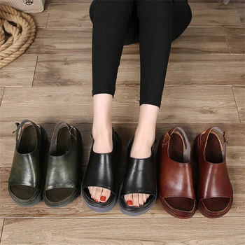 Sandalias de mujer 2019 verano nuevo fondo grueso hecho a Mano de cuero genuino de las mujeres sandalias de fondo plano zapatos casual sandalias de plataforma