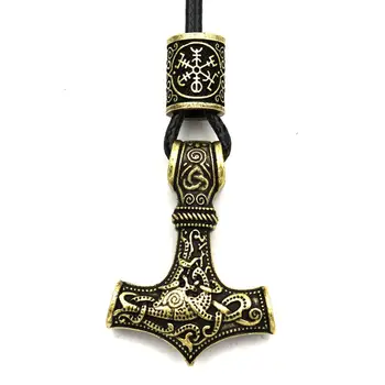 La Nostalgia Martillo de Thor Mjolnir Colgante Con Norse Runas Perlas de Viking Macho Collar Amuleto Talismán Dropshipping