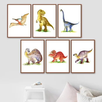 Dinosaurio T-Rex, Triceratops Arte De La Pared De La Lona De Pintura Nórdica Posters Y Prints Animales Imprime Las Imágenes De La Pared De Los Niños Bebé Decoración De La Habitación