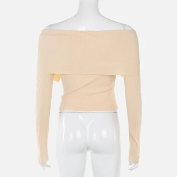 De tejidos de punto Acanalado de las Mujeres del Suéter Sexy Slim Turn-down Collar del hombro Mujeres Suéteres de 2021 Invierno Sólido Nueva Sudadera de Damas