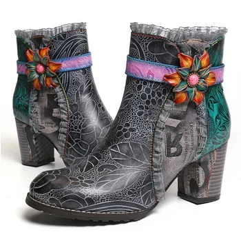 SOCOFY Botas de Mujer Impreso de Cuero Genuino de Encaje de Empalme Floral de Tacón Alto Botas de color Negro Elegante de los Zapatos de las Mujeres Zapatos Botas Mujer
