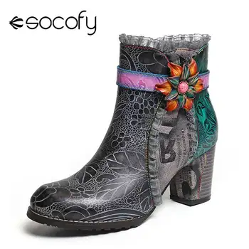 SOCOFY Botas de Mujer Impreso de Cuero Genuino de Encaje de Empalme Floral de Tacón Alto Botas de color Negro Elegante de los Zapatos de las Mujeres Zapatos Botas Mujer