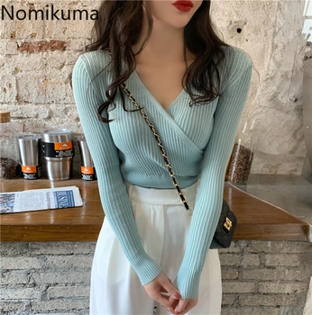 Nomikuma de la Nueva Llegada de Cuello V Manga Larga Elegante Jersey de Sólido Diseño de Cruz Delgado Suéter coreano Crop Tops de las Mujeres Puentes 3b582