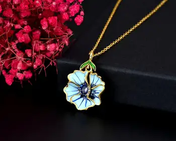 Bohemia de la Joyería Simétrica Gran Pétalo de la Flor Colgante, Collar para Mujer Azul Rosa Esmalte de Lujo en Oro Amarillo de Color Collar de Cadena