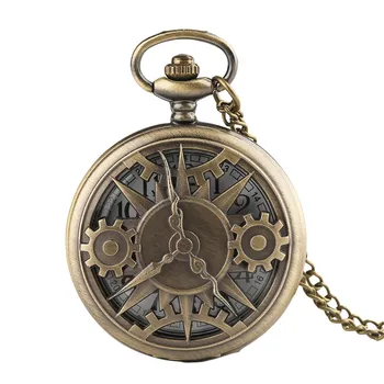 Vintage Retro Bronce Hueco De Engranajes De Movimiento De Cuarzo Reloj De Bolsillo Colgante De Regalo Relojes De Bolsillo Con Cadena