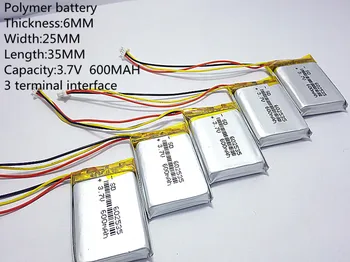 3 patillas del conector de 3.7 V thium la batería de polímero de 602535 600MAH la grabadora de vídeo 388
