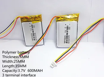 3 patillas del conector de 3.7 V thium la batería de polímero de 602535 600MAH la grabadora de vídeo 388