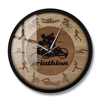 El Triatlón De Siluetas De Madera De La Textura De Acrílico De Impresión Reloj De Pared De Natación Ciclismo Deportes De Decoración Para El Hogar Reloj De Triatletas De Regalo