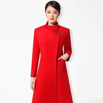Las mujeres de corea plus tamaño de la sección de cuello de Pie S-6XL código rojo negro largo abrigo de lana