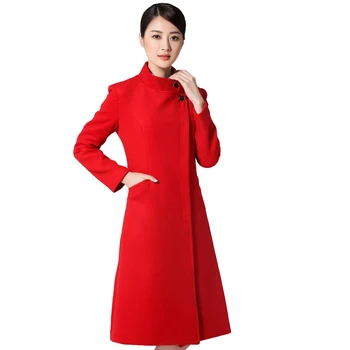 Las mujeres de corea plus tamaño de la sección de cuello de Pie S-6XL código rojo negro largo abrigo de lana