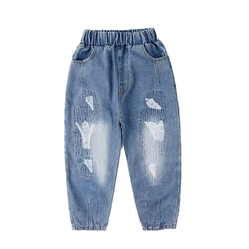 La moda de Niño Chico de los Pantalones de los Niños coreanos Niños Pantalones Harén pantalones Vaqueros de color Azul Parche Pantalones Agujero Pantalones Haren para Adolescentes Primavera Ropa