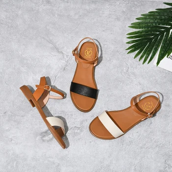 Verano de las Mujeres de las Señoras de Roma Plana de Color Mezclado Sandalias Casual Zapatos de mujer sandalias de cuero genuino zapatos de las mujeres del verano