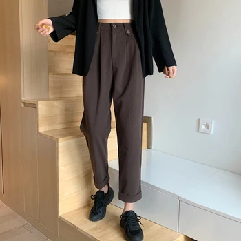 Nueva Llegada de Corea Moda de Otoño de las Mujeres de Cintura Alta Sueltos Pantalones de Lana Todos emparejados Casual Negro, Pantalones Harem, Femme Trausers V20