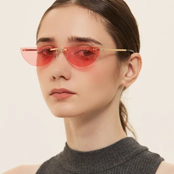Peekaboo ronda de la mitad de color de la lente del vintage de la mujer de las gafas de sol sin montura mitad de la imagen de las señoras gafas de sol ojo de gato de metal de color rosa azul 2021