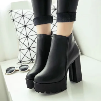 La Moda de las mujeres de Cremallera Lateral de Tobillo Botas de Plataforma Gruesa Tacón de 12 cm de Damas Botas de Invierno de Mujer Zapatos 2 del Negro del estilo de arranque