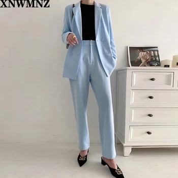 XNWMNZ za Minimalismo conjunto para mujer Otoño de 3 piezas azul Sólido blazer,pantalones cortos,pantalones de cintura alta que se venden por separado de las mujeres trajes