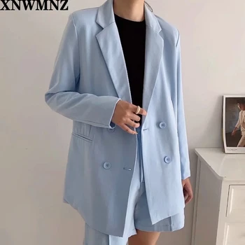 XNWMNZ za Minimalismo conjunto para mujer Otoño de 3 piezas azul Sólido blazer,pantalones cortos,pantalones de cintura alta que se venden por separado de las mujeres trajes