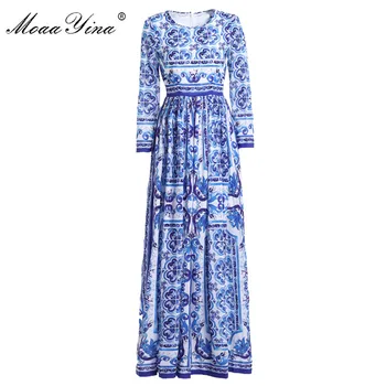 MoaaYina Diseñador de Moda de la Pista vestido de Primavera, el Otoño de las Mujeres del Vestido de manga Larga Clásica porcelana Azul y blanca de Impresión Vestidos