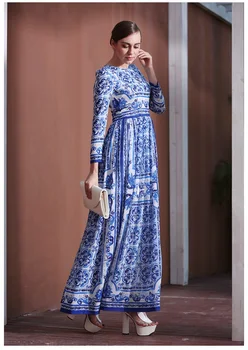 MoaaYina Diseñador de Moda de la Pista vestido de Primavera, el Otoño de las Mujeres del Vestido de manga Larga Clásica porcelana Azul y blanca de Impresión Vestidos