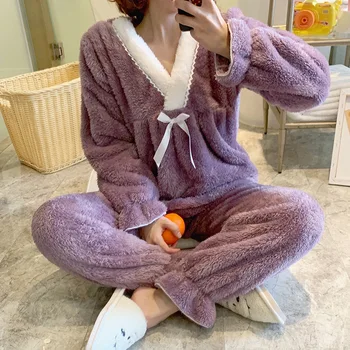 YRRFUOT 2020 Invierno de Franela Pijamas Damas de Espesor Linda Princesa de Viento Chaqueta de Traje coreano Dulce Coral Fleece Casual ropa de dormir