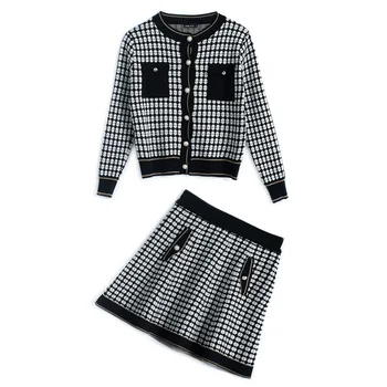 Crop Top y Falda Conjunto 2020 Otoño Invierno Lindo Solo Pecho de tela Escocesa de la parte Superior del Suéter + Mini Falda de Punto 2 Pieza de ropa femenina