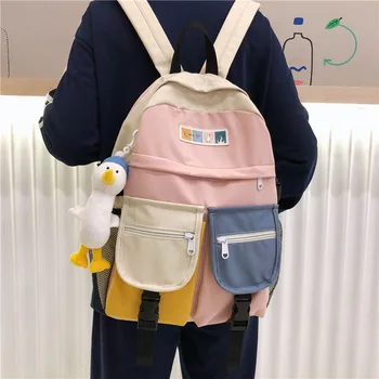 SHUYI bordado estudiante de la bolsa de contraste de color de nylon impermeable de las mujeres de la mochila de dibujos animados de pato colgante multi-bolsillo de la moda femenina de la bolsa de