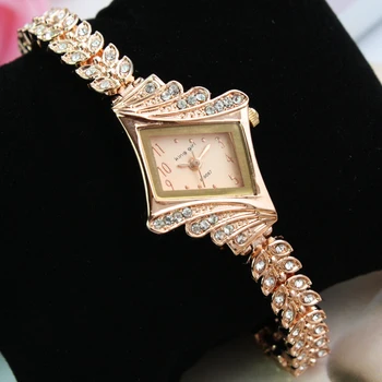 De oro de Cristal de diamante de imitación brotes de las Hojas de la correa del Vestido de las señoras del Reloj de las Mujeres Elegantes. Relojes de Horas de Cuarzo relojes de Pulsera de Cuarzo Reloj de Pulsera
