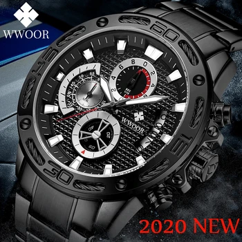 WWOOR 2020 Nuevos Deportes Grandes Relojes para Hombre de la Marca Superior de Lujo Negro Cronógrafo Completo Impermeable de Acero de Cuarzo Reloj de Pulsera Para Hombres Xfcs